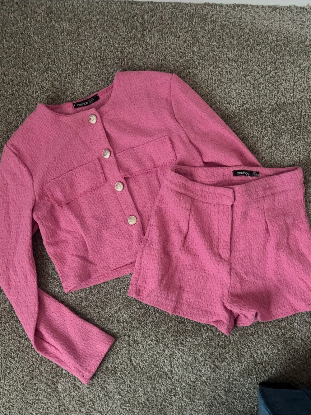 Boohoo Bright Pink Tweed Button Crop Jacket
